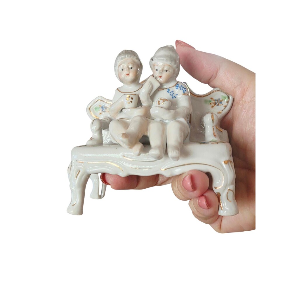 Occupied Japan Porcelain Figurine, Vintage Ladies Tea Time on Sofa